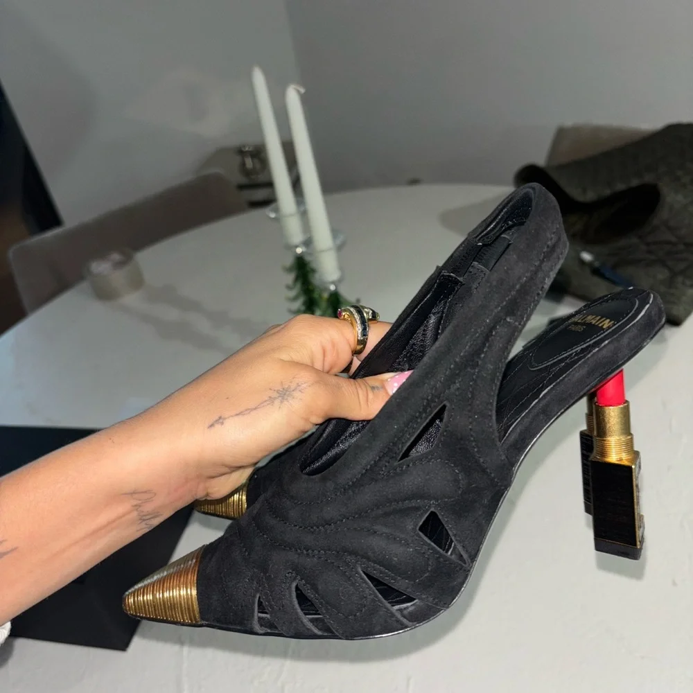 Balmain Black and Gold Cutout Slingback Heels - Picture 1 of 8